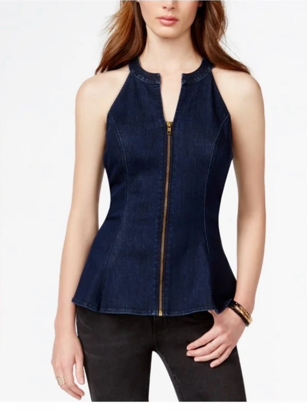Guess Dark Blue Denim Zip Peplum Top [SG0861]